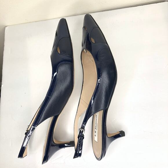 L.K. Bennett Shoe Sling Back Kitten Heel Cut Out Pointed Toe Navy Blue Chic 38.5 - Picture 9 of 14